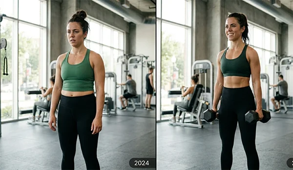 Comparativo de transformação corporal de uma mulher na academia. À esquerda, foto de 2024 com corpo menos definido; à direita, foto de 2026 mostrando perda de peso, definição abdominal e maior tônus muscular segurando halteres.